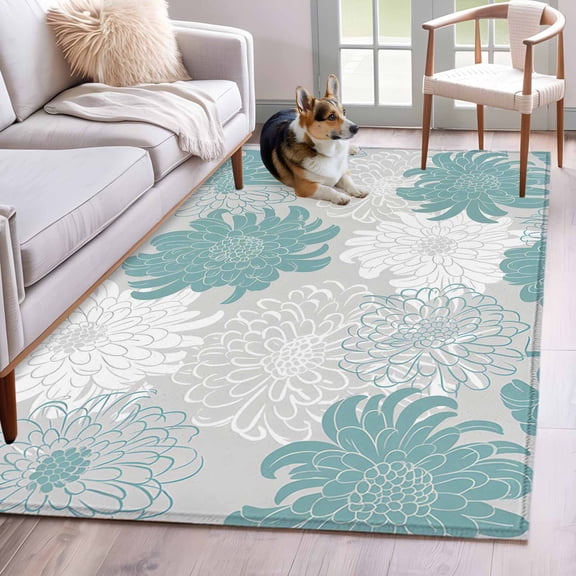 Turquoise White Floral Area Rug 3x5 Washable Rug Non Slip Elegant Chrysanthemum Farmhouse Large Area Rug Indoor Floor Carpet for Entryway Bedroom Kitchen Living Room Home Office Dining Room Nursery