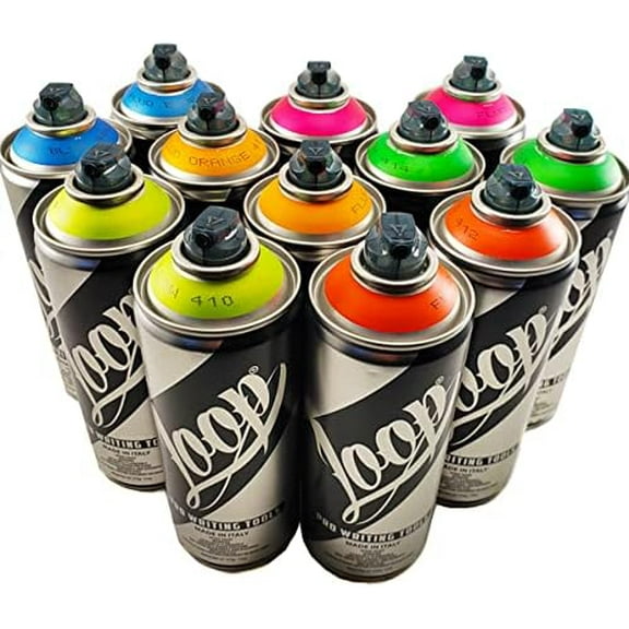 Loop 400ml Premium Mural Spray Paint kit for Aerosol Art - 6 Neon Colors Fluorescent Set of 12
