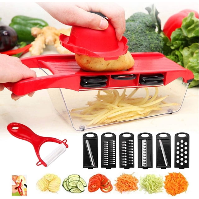 Mandolina de cocina multifunción 6 en 1 para cortar verduras, cortador de patatas, cortador de alimentos con recipiente de almacenamiento y pelador para cebollas, pepinos, zanahorias, frutas y queso