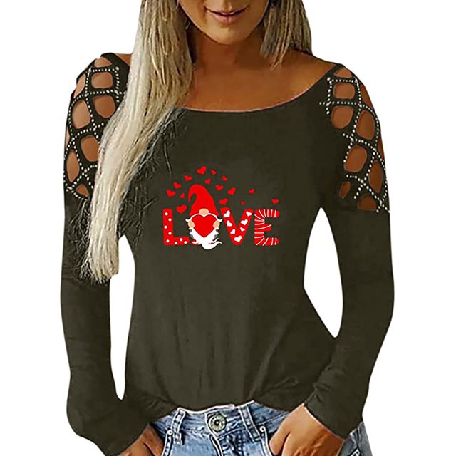 Blusa de manga larga con estampado de día de San Valentín y hombros descubiertos para mujer Fridja hkj1360
