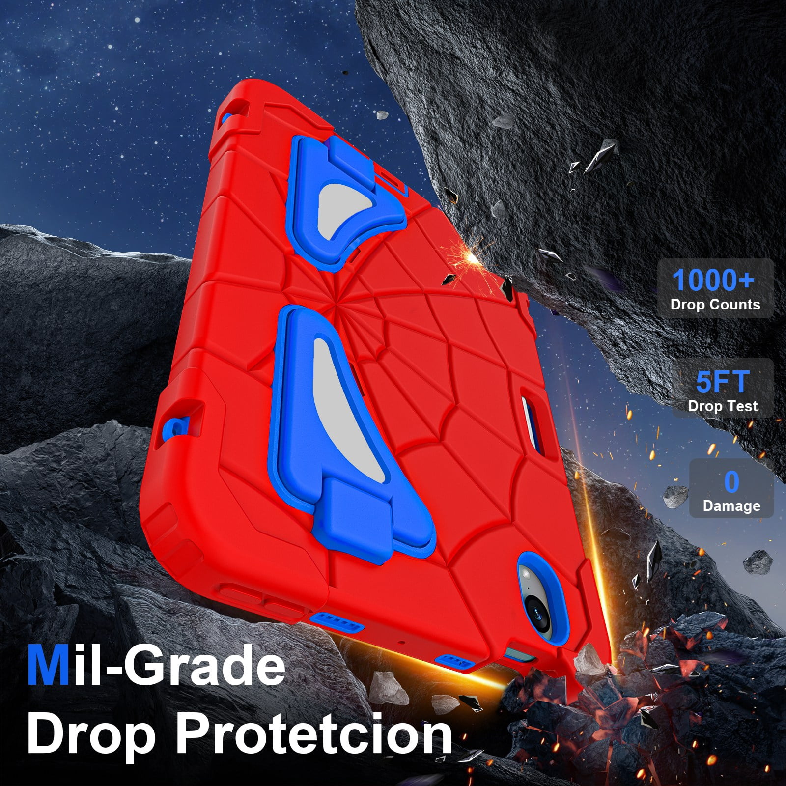 ELEHOLD Kids Friendly Case For Apple iPad mini 7th(A17 Pro) 2024/6th, Heavy Duty Shockproof Rugged Protective Case with Pencil Holder Foldable Kickstand for Boys Children Case, Red+Blue
