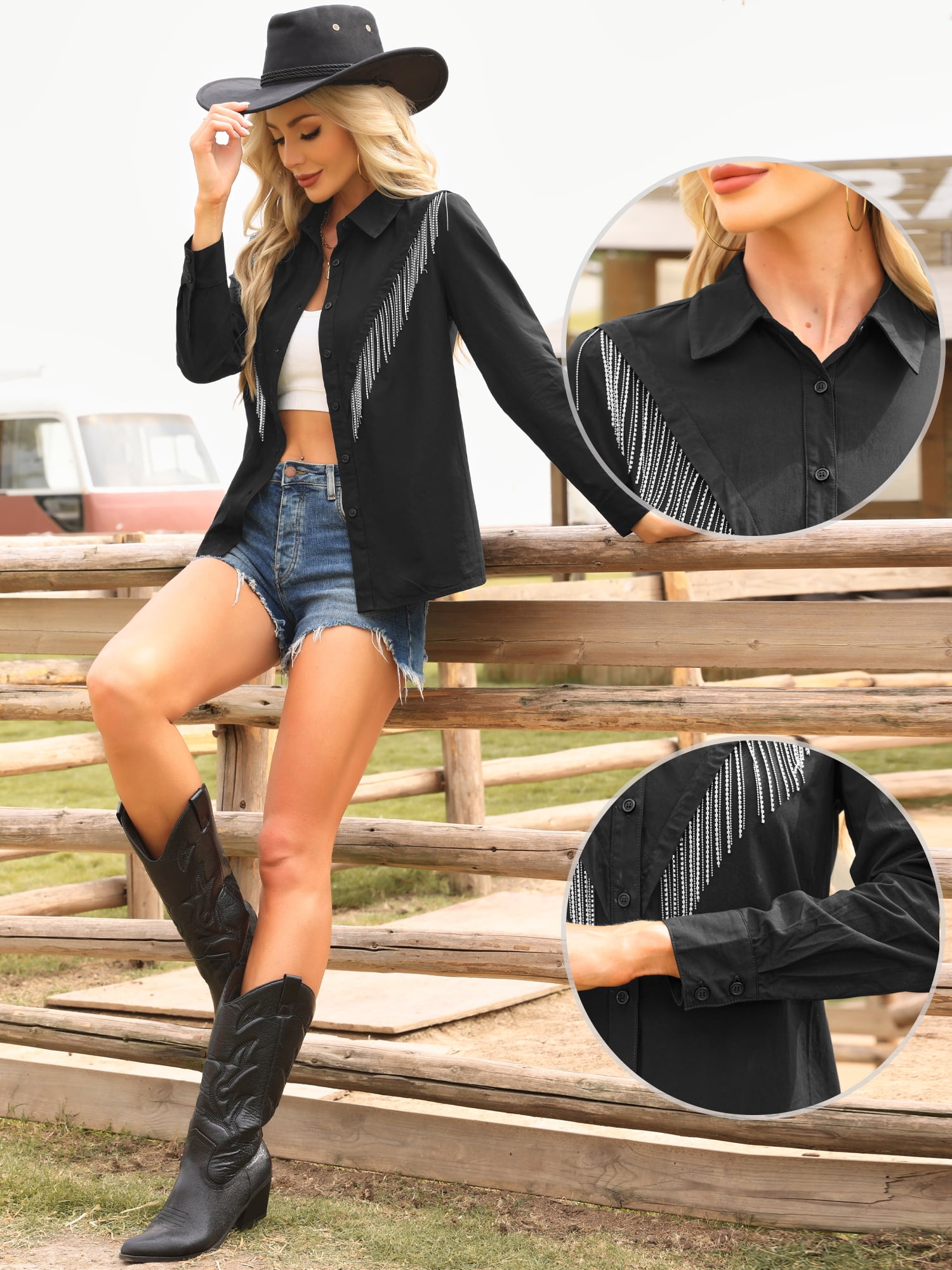 DARING DIVA Women's Fringe Button Down Long Sleeve Sparkle Tassel Cowgirl XS Black