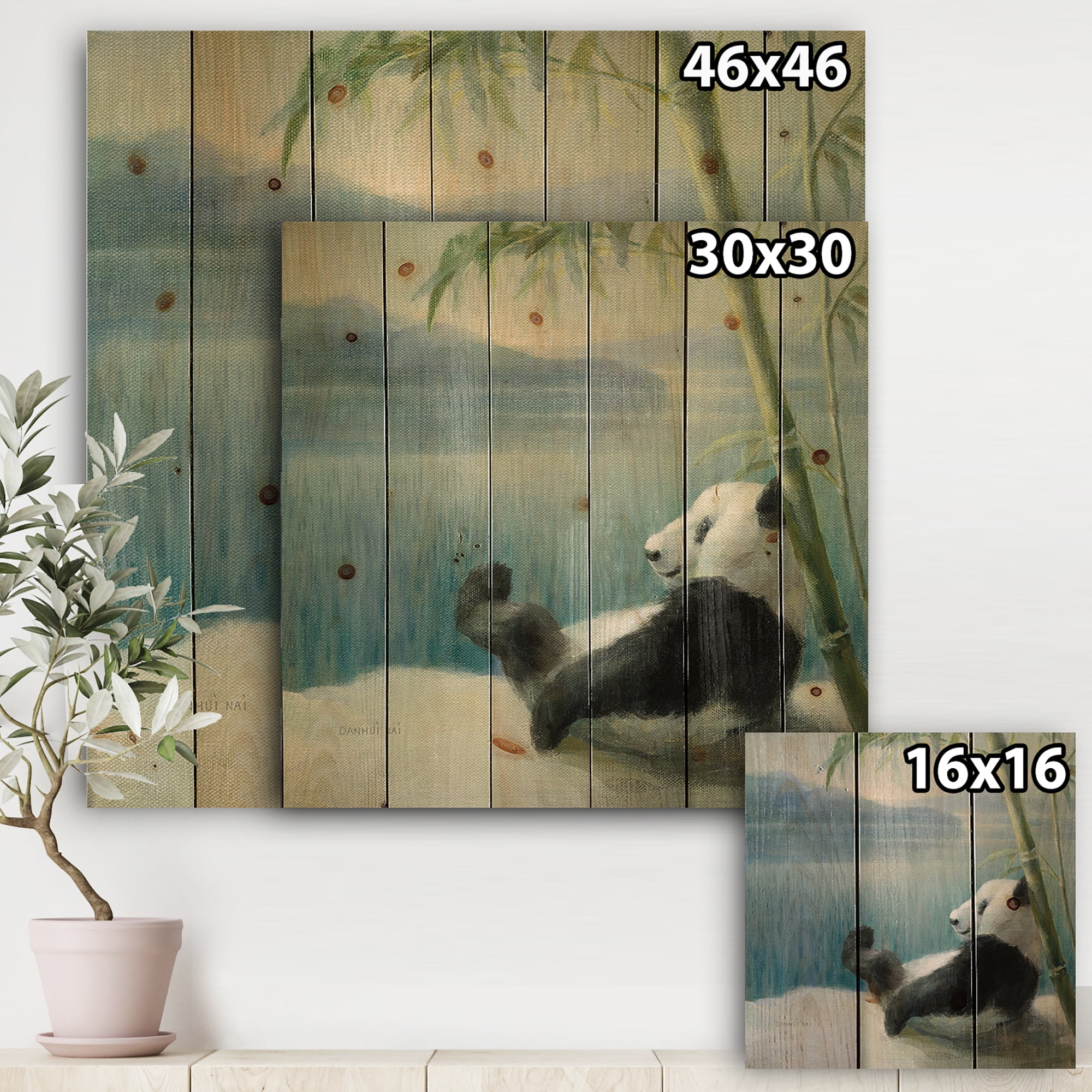 Designart 'Panda after a long day At Lake' Traditional Print on Natural Pine Wood