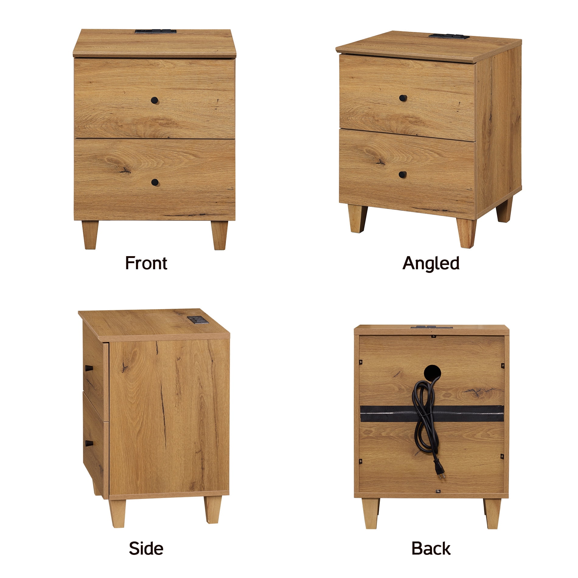 WAMPAT Modern Nightstand with Charging Station, Wooden End Table with 2 Large Drawers, Small Bedside Table for Bedroom, Dark Brown Wood