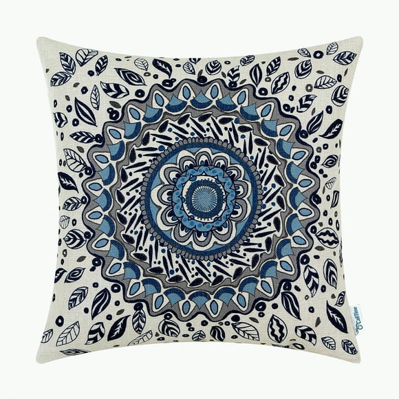 Housse de Coussin Médaillon Floral Bleu Marine - Décoration Maison Canapé avec Design Feuilles Comp - 20 X 20 Pouces - Toile Décorative
