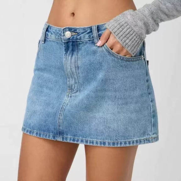 IUYRTFE Women's Low-Rise Classic Denim Mini Skirt – Washed Blue Jean Short Skirt with Pockets for Summer Casual Streetwear and Daily Wear
