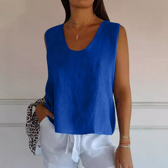 Women Summer Tank Tops Crewneck Sleeveless Solid Color Lightweight Going out Loose Short Camisole Pullover Wide Strap Relaxed Plus Size Trendy Plain Lounge Tops