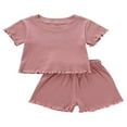 thumbnail image 1 of 2 Pcs Bébé Fille Couleur Unie Manches Courtes Côtelées Col Rond + Shorts Rose 3-4 Ans, 1 of 9