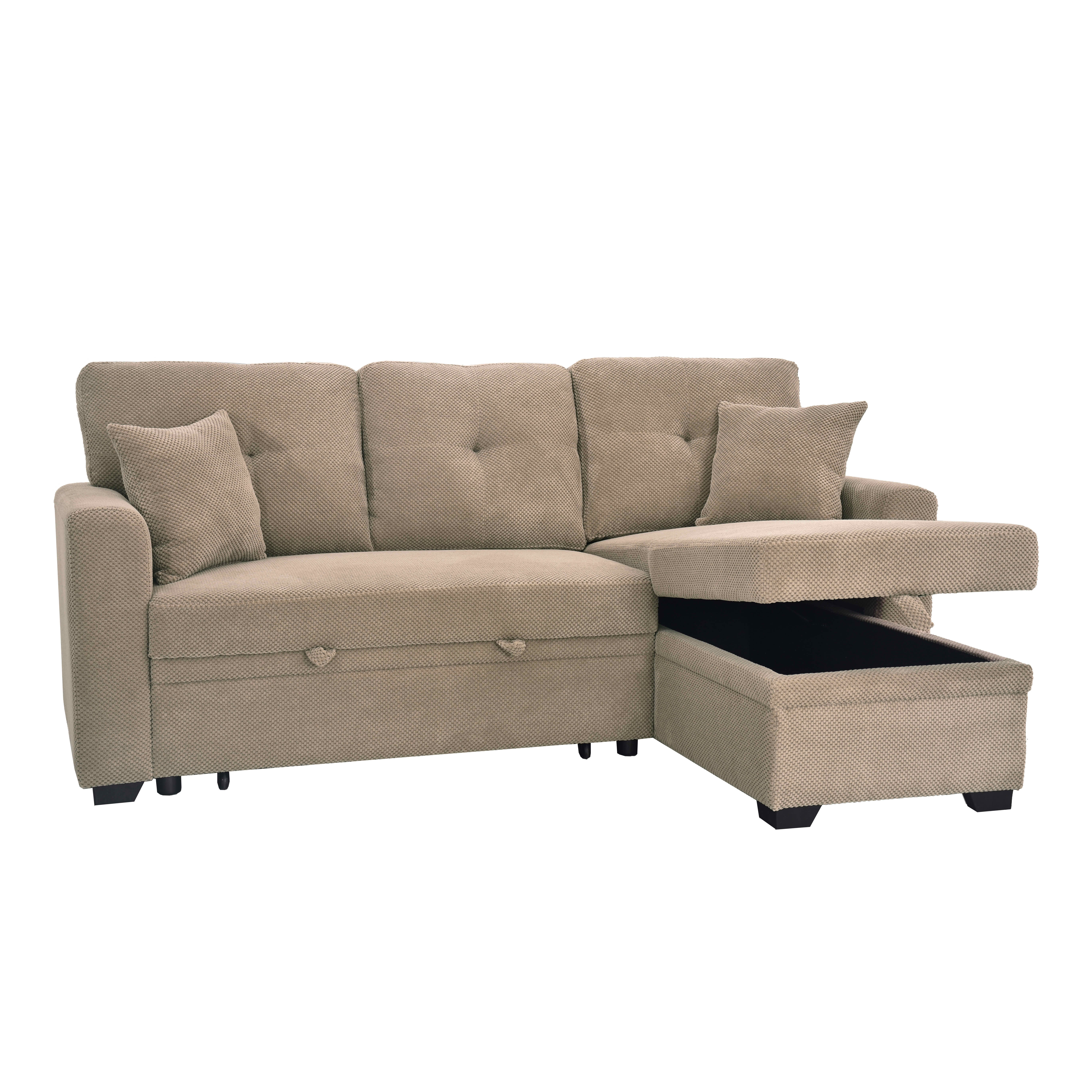 MAYEERTY L‑Shaped Sleeper Sectional Sofa, Convertible Pull‑Out Bed with Reversible Storage Chaise, Dark Gray Breathable Polyester Fabric for Small Living Spaces