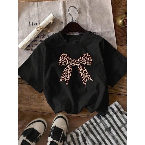 Fashionable Leopard Bow Graphic Tee, Black Short - Sleeved Style, Round Neck Regular Fit T - shirts, Size(S - 5XL)