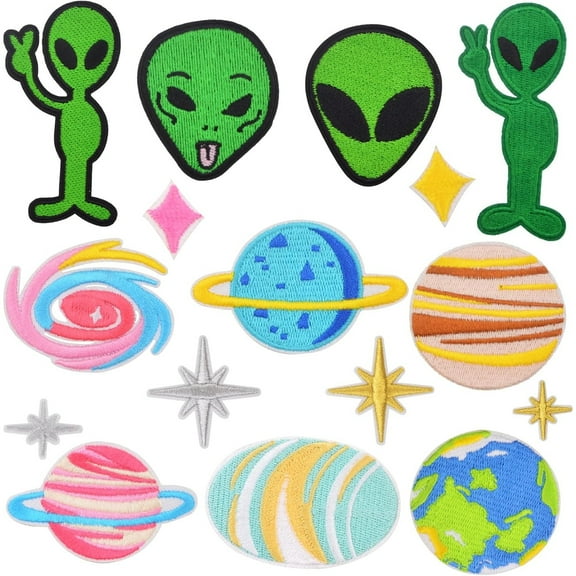 16PCS Space Exploration Planet Solar System Iron on Patches Funny Green Aliens Embroidered Sew On Patch Repair Appliques for DIY Clothing Hats Backpacks Jeans Jackets Decoration