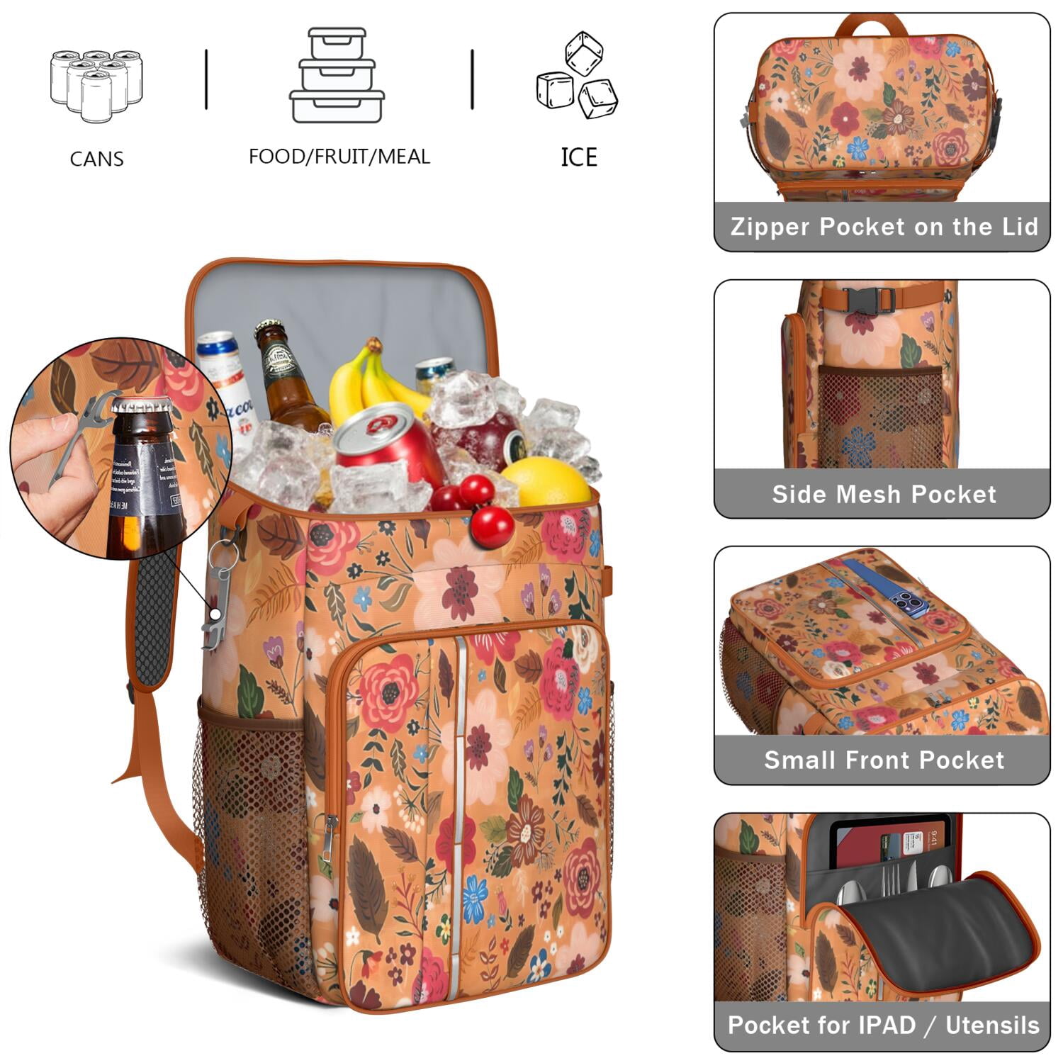 Travel Cooler Bag - Pioneer Flower Floral Print Pattern Camping Beer Cooler Backpack with Bottle Opener- Waterproof Insulated Picnic Backpacks - Cooler Bag for Beach
