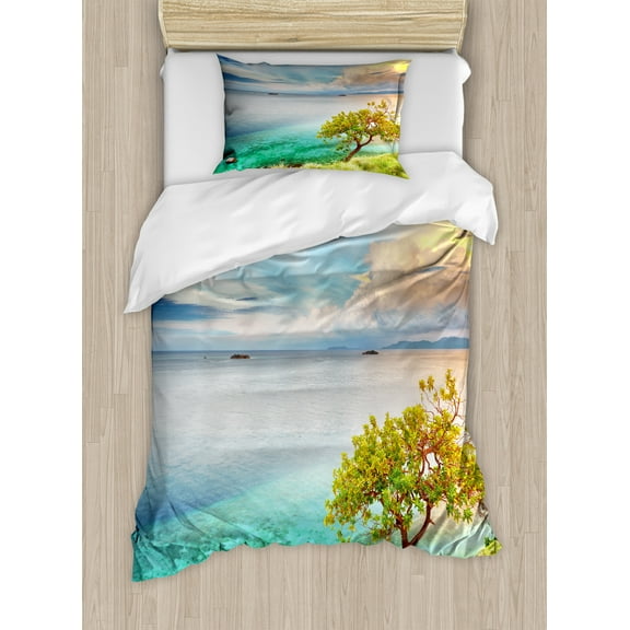 Scenery Duvet Cover Set, Sea Wiev Landscape Sunset Dawn Beach Abandoned Island Art Print Image, Decorative 2 Piece Bedding Set with 1 Pillow Shams, Twin Size, Aqua Turquoise and Green, by Ambesonne