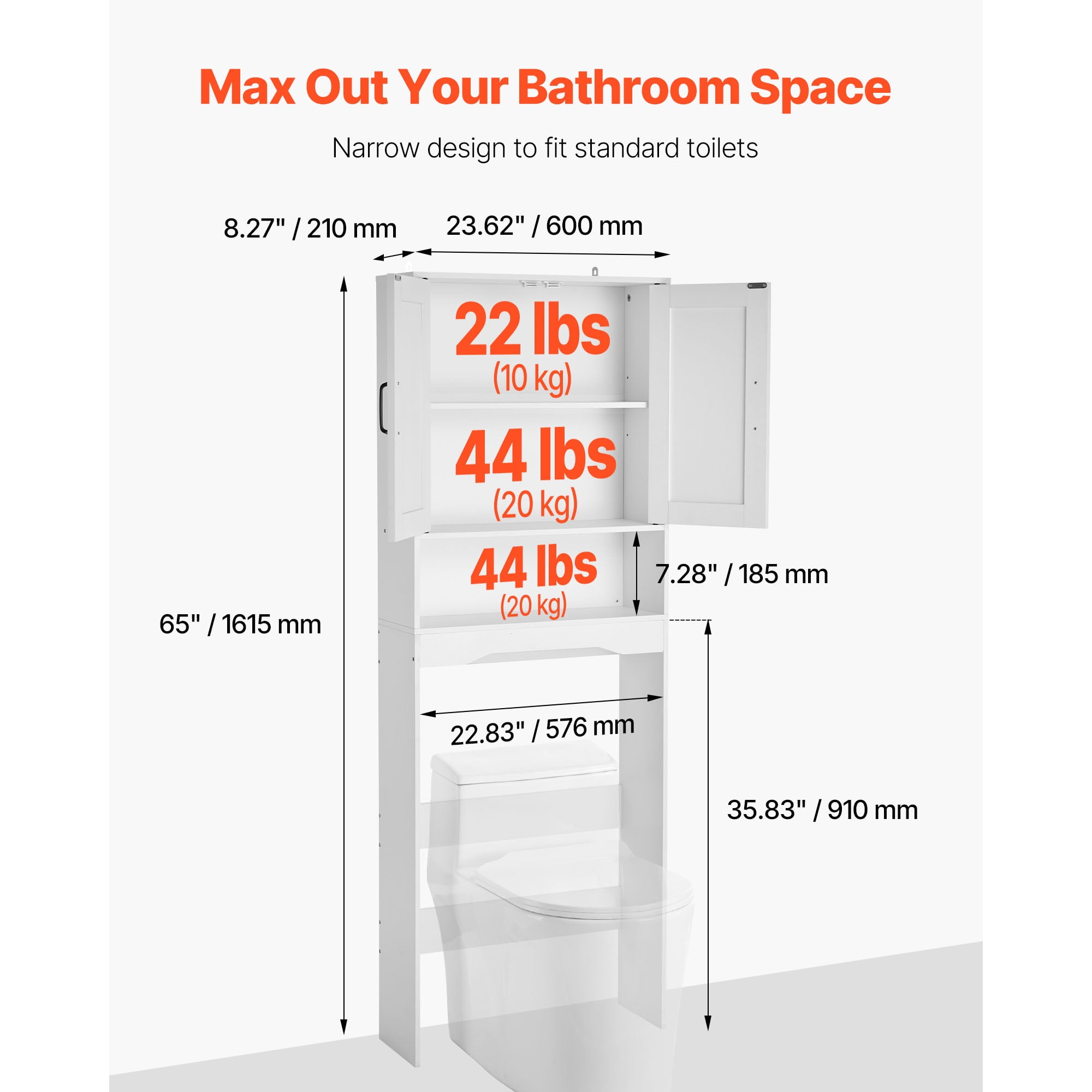 KFFKFF Over-The-Toilet Storage Cabinet, 65-Inch Tall Bathroom Organizer with Adjustable Shelf and Double Doors, Space-Saving Bathroom Storage Unit with Open Shelf, White