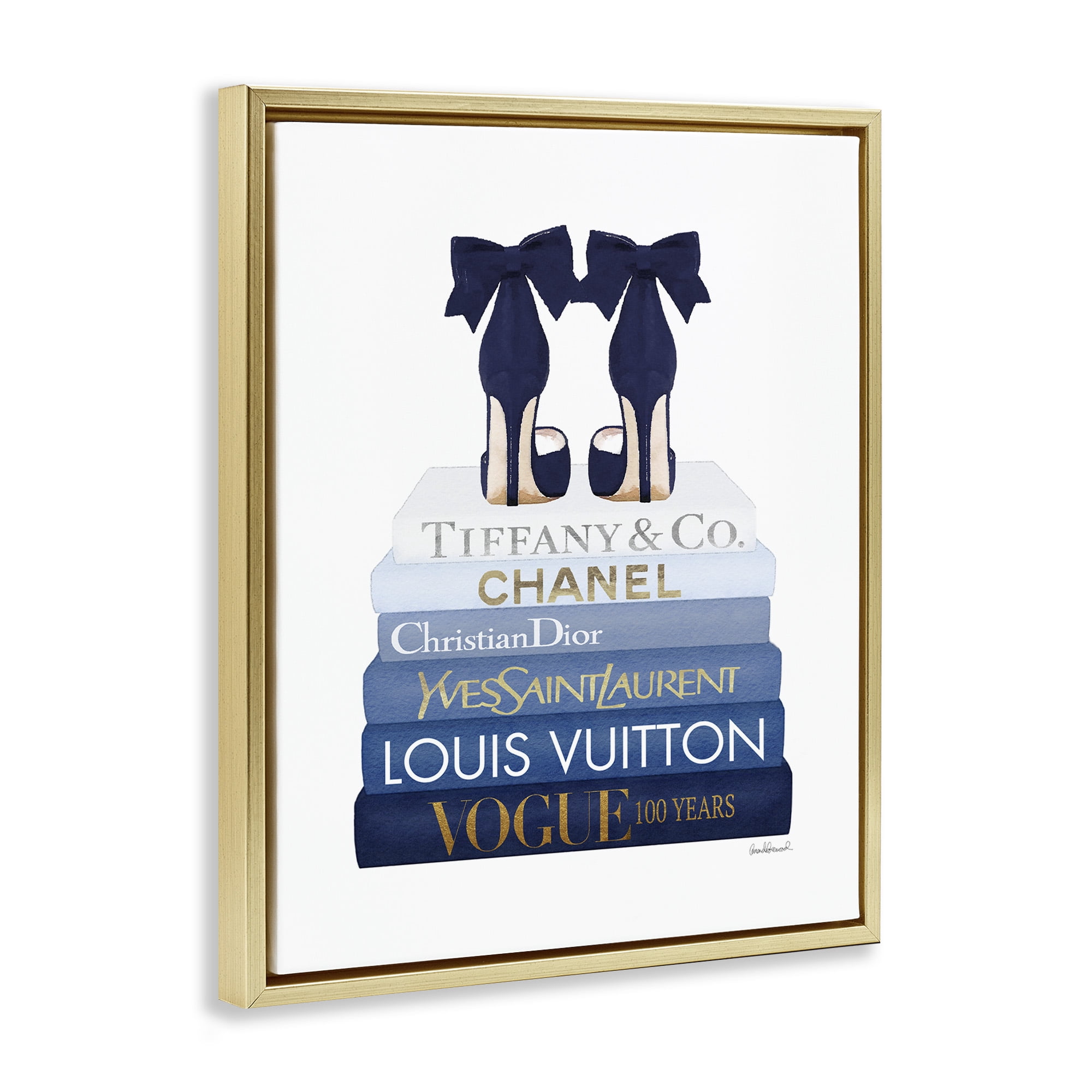 Stupell Industries Navy Blue Heels Chic Bookstack Beauty & Fashion Painting Gold Floater Framed Canvas Art Print Wall Art, 25 x 31