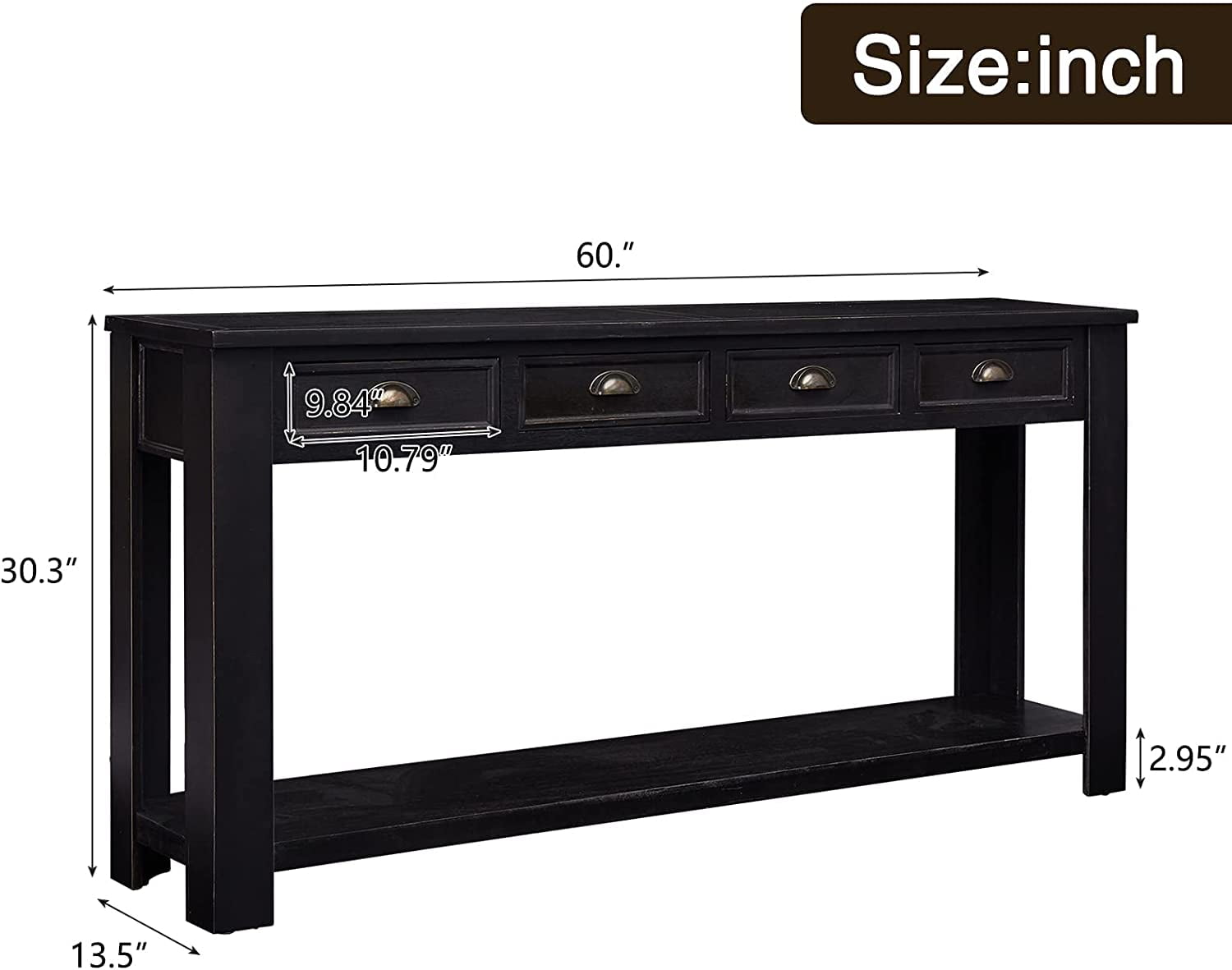 Kinbor 60” Long Console Table, Entryway Table with 4 Drawers & Storage Shelf, Black