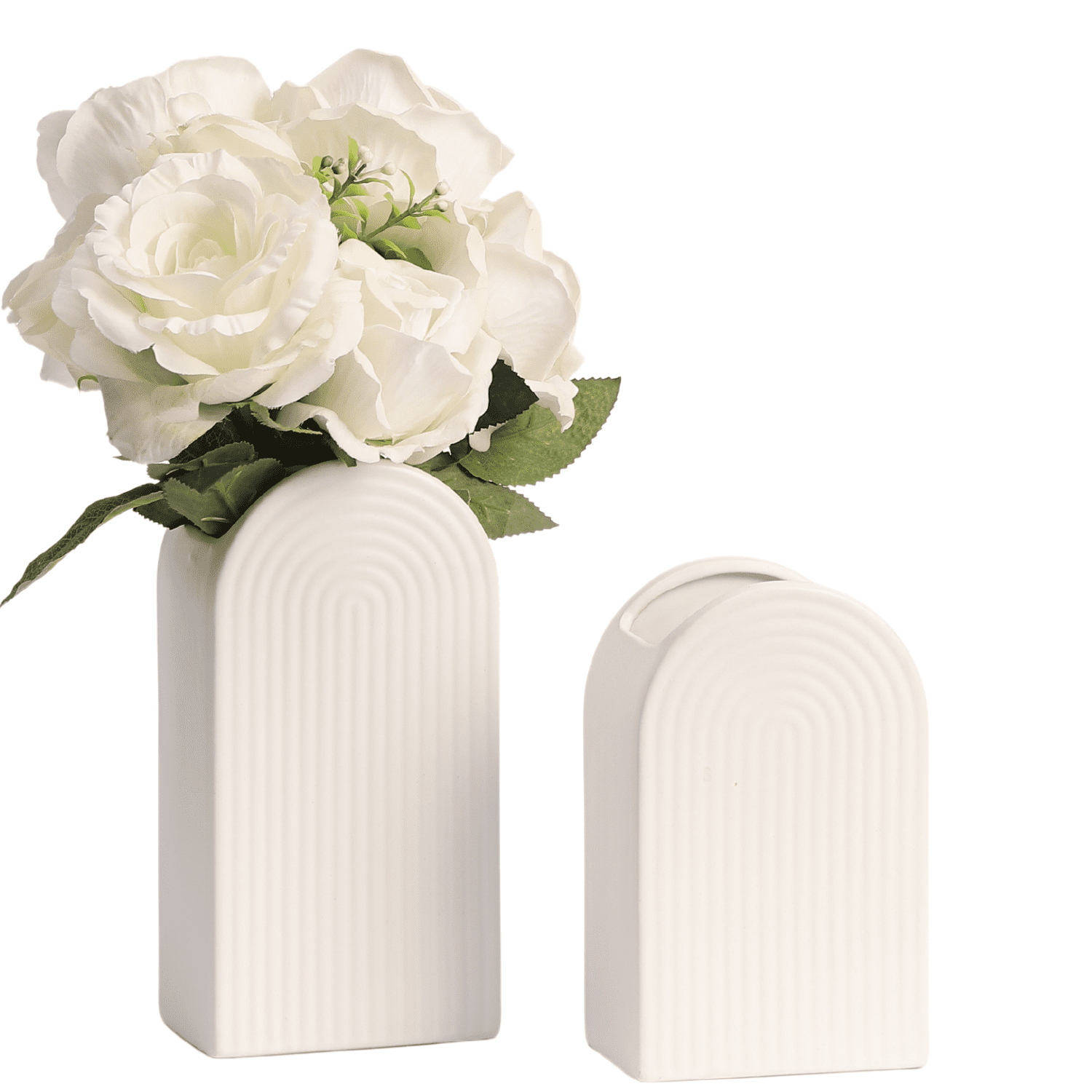 White Vases, Set of 2 Vases, 8” Tall White Ceramic Vase and 6.5” Small