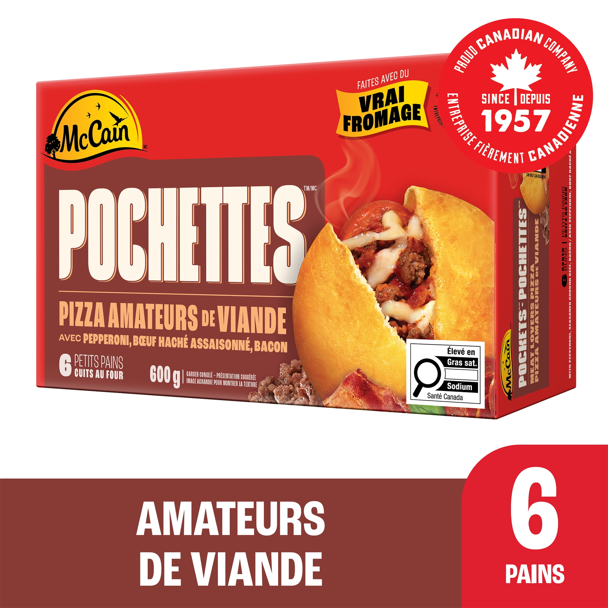 McCain® Pizza Pockets® Meat Lovers Pizza Pockets, 6 pack, Made in Canada from domestic and imported ingredients, 6 x 100g