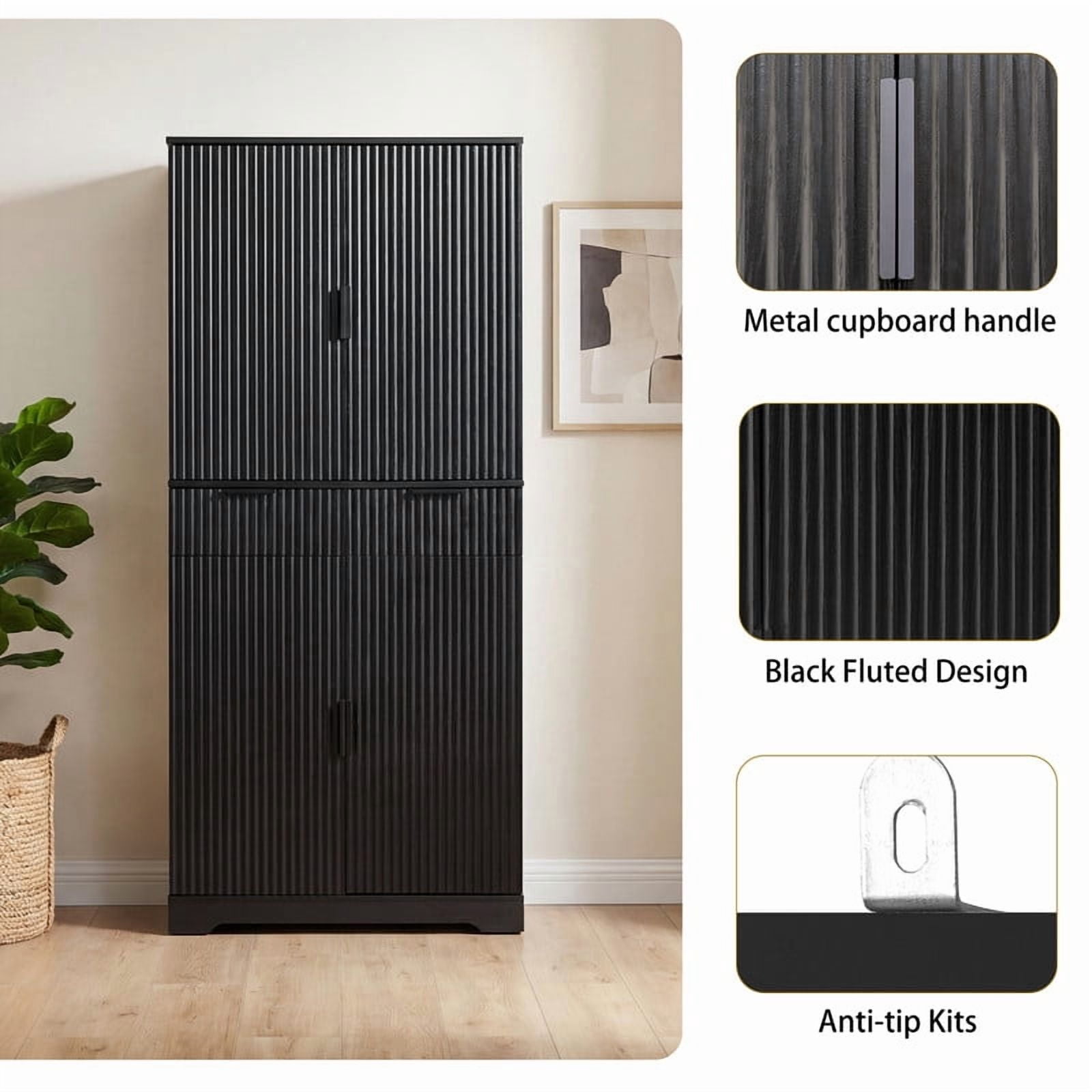 72'' Tall Fluted Kitchen Pantry Hutch with Rack & Drawer, Multi-Functional Storage Cabinet, Freestanding Cupboard Organizer