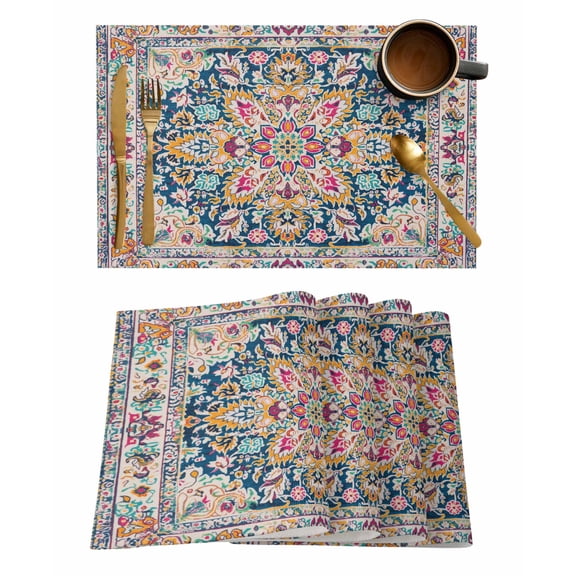 Colorful Boho Placemats Set of 6, Ethnic Vintage Mexican Flowers Southwestern Placemats for Dining Table, Place Mats for Kitchen Tabletop, Waterproof Wipeable Dining Table Mats Set