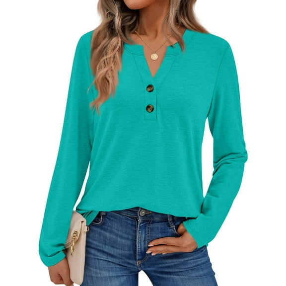 Womens Long Sleeve Shirts Business Casual Outfits Dressy Tops Blouses Henley V Neck Fall Clothes Turquoise L