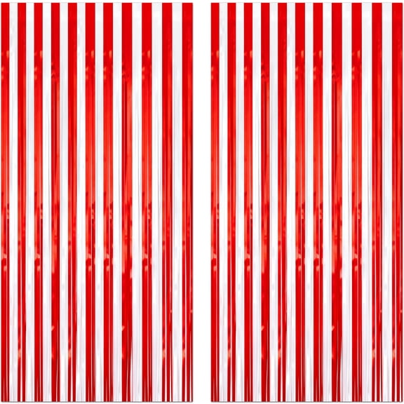 Sinekong 2 pack Tinsel Foil Fringe Curtains, 3.2x6.6Ft Red & White Streamer Backdrop, Circus Welcome Carnival Birthday Party Decor