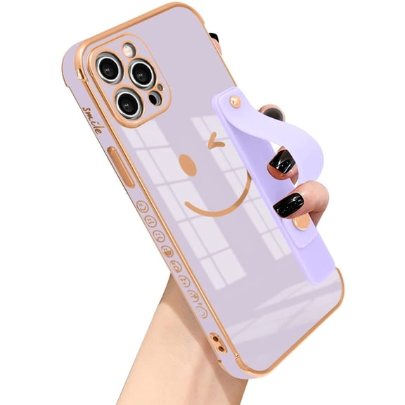 Compatible with iPhone 12 Pro Max Case for Women Girls,TPU Cute Plating Smiley Face Pattern Wristband Holder Case Camera Lens Protection Side Small Pattern Shockproof Wrist Strap Case-Black