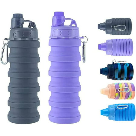 

Collapsible Water Bottles 2 pack Travel Water Bottle Portable Hiking Water Bottle with Leak proof Twist Cap 500ML Reusable BPA Free Silicone Water Bottles (Style1 Black+Purple)