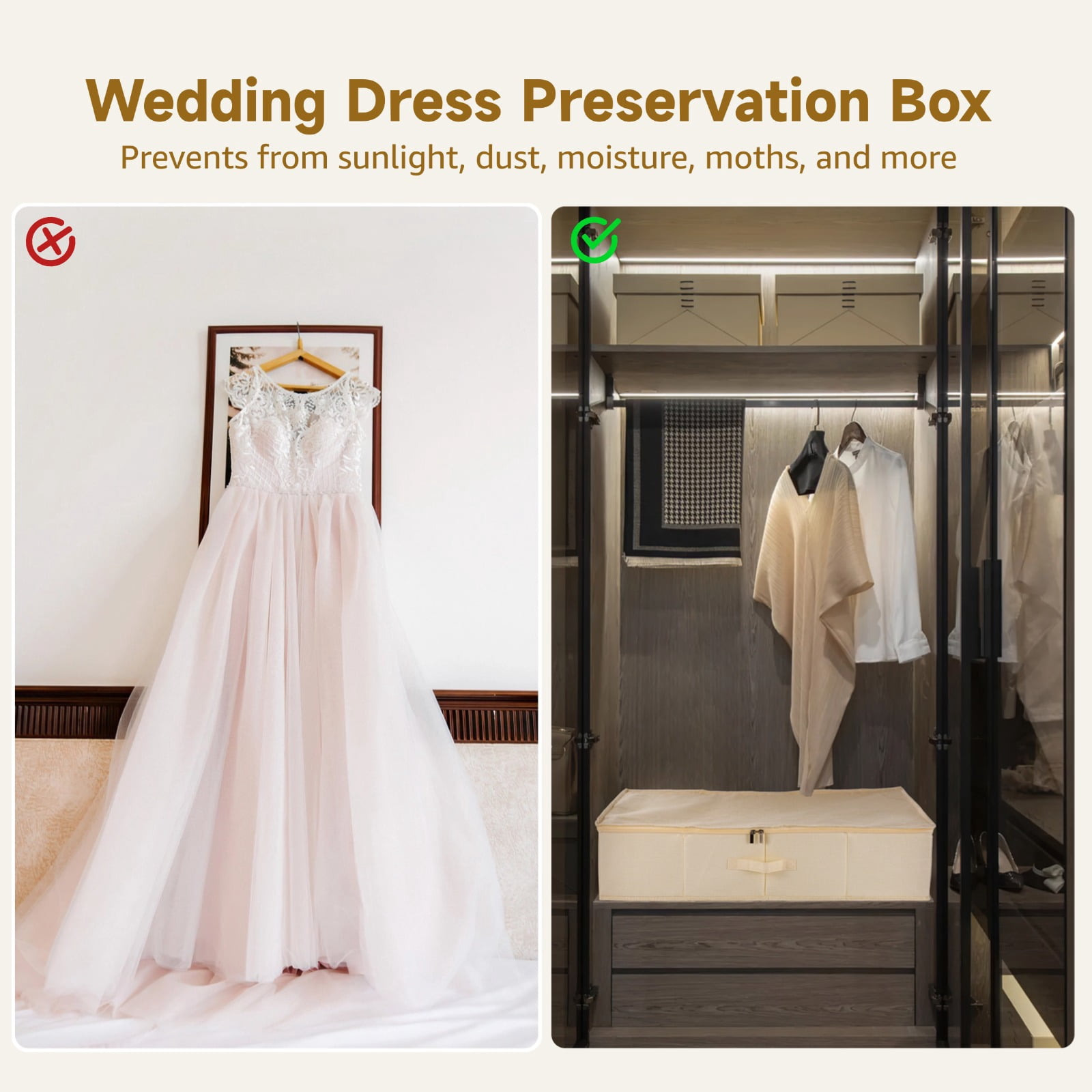 Wedding Dress Storage Box, Wedding Dress Preservation Box with Dustproof Cover & Gloves, Large Capacity Wedding Box with Dual Zipper, Blocks Sunlight Dust Moisture