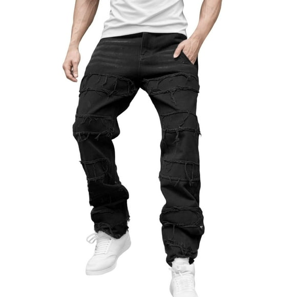 FYEGRE Men’s Comfort Flex Waistband Jean Mens Slim Fit Straight Leg Retro Hop Street Denim Trousers With Classic Style And Comfortable Black S/28