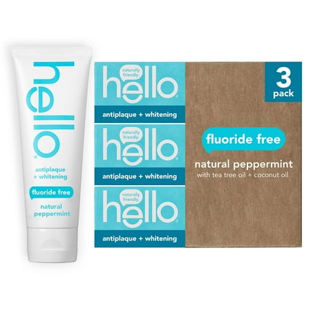 Hello Antiplaque Toothpaste  Fluoride Free for Teeth Whitening with Natural Peppermint Flavor and Tea Tree Oil  Peroxide Free  Gluten Free  SLS Free  3 Pack  4.7 OZ Tubes