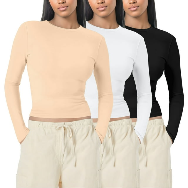 Hauts à Manches Longues 3 Pcs pour Femmes, Chemise à Manches Courtes Basique, Version à Manches Longues pour Sortir, Mode Automne, sous-Vêtements Ajustés