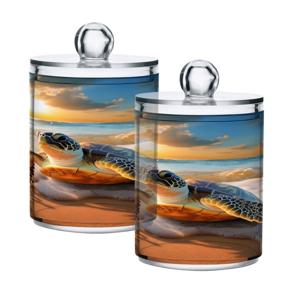 2 Pack Qtip Holder Dispenser Tortoise Turtle on Beach Clear Plastic Storage Apothecary Jars for Cotton Swabs Balls Pads Floss