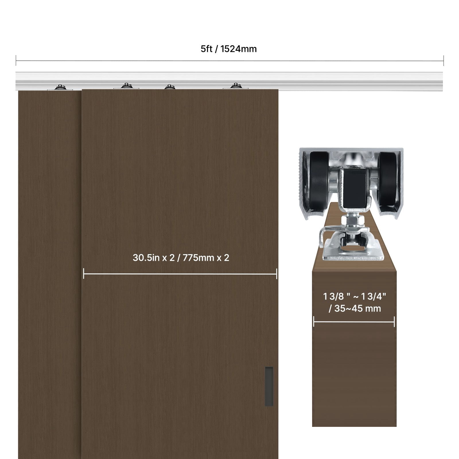 5ft Bypass Sliding Door Hardware Kit, 150 lbs Capacity, 3-Wheel Hangers, Aluminum Alloy, for Closet Doors Storage