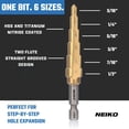 thumbnail image 6 of NEIKO 10604A Step Drill Bit, 6 Steps 3/16" to 1/2" Straight High Speed Steel, Titanium Nitride Coated, 1/4" Quick Change Step Bits for Steel, Metal, Wood, Plastic, Unibit Cone Drill Bits, Two Flute, 6 of 7