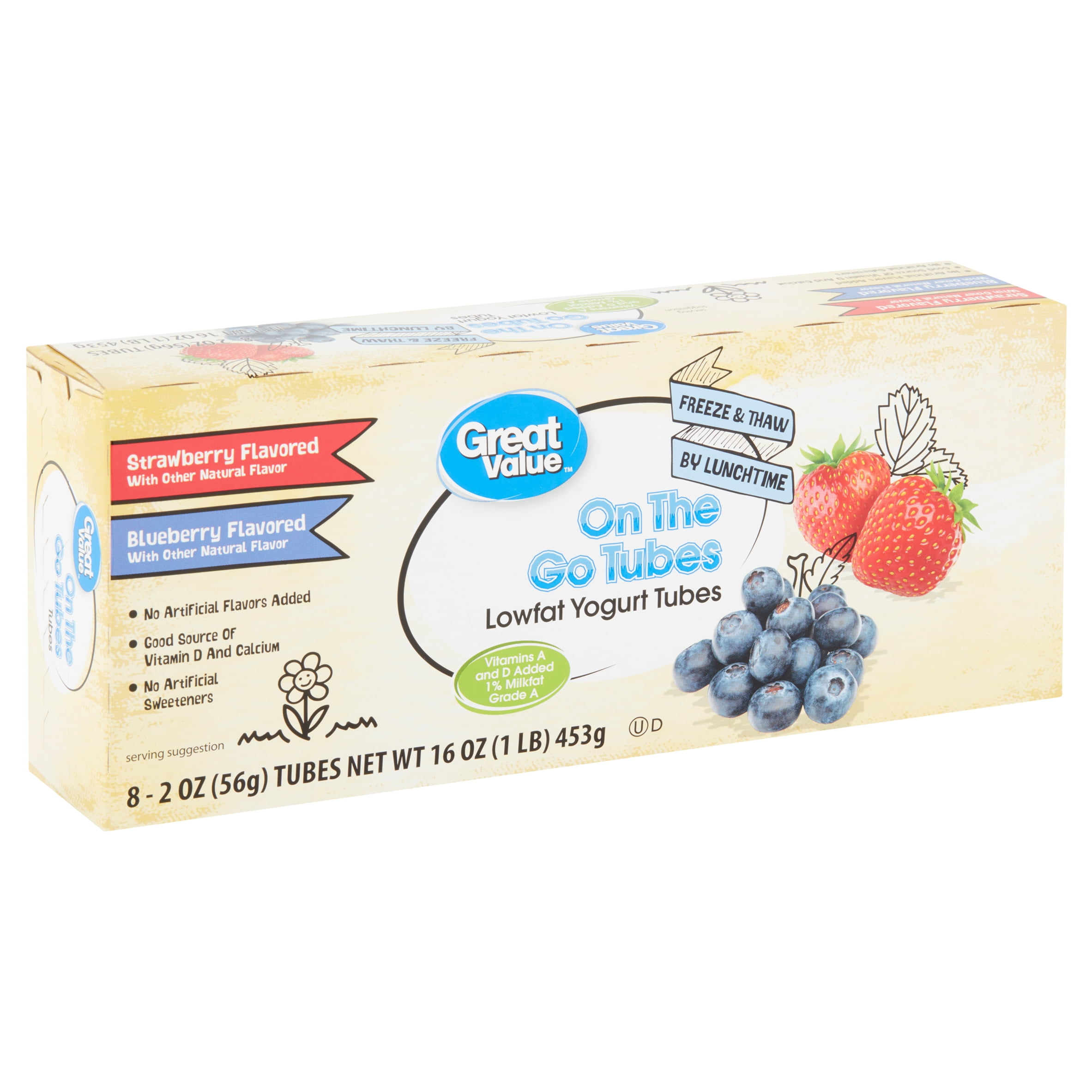 Great Value Lowfat Yogurt Tubes. Blueberry & Strawberry, 2 oz, 8 Count