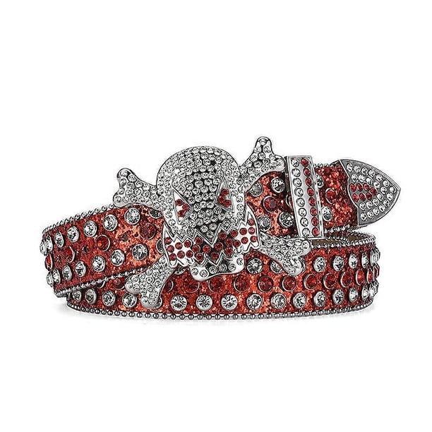 Red 115cm Rhinestone Skull belt men shiny fashion belt punk fashion studded belt jeans pants jacket