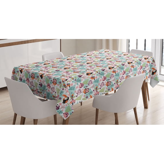 Tropical Tablecloth, Exotic Birds Pattern Cartoon Style Toucan Owls and Parrots Hawaii Flora and Fauna, Rectangle Satin Table Cover for Dining Room and Kitchen, 60" X 90", Multicolor, by Ambesonne
