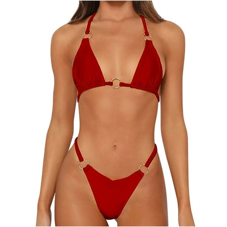 Women s Sexy Two Piece Swimsuits Triangle Thong Bikini Set Bathing Suit Halter Solid Color Ring High Cut Swimwear Beachwear