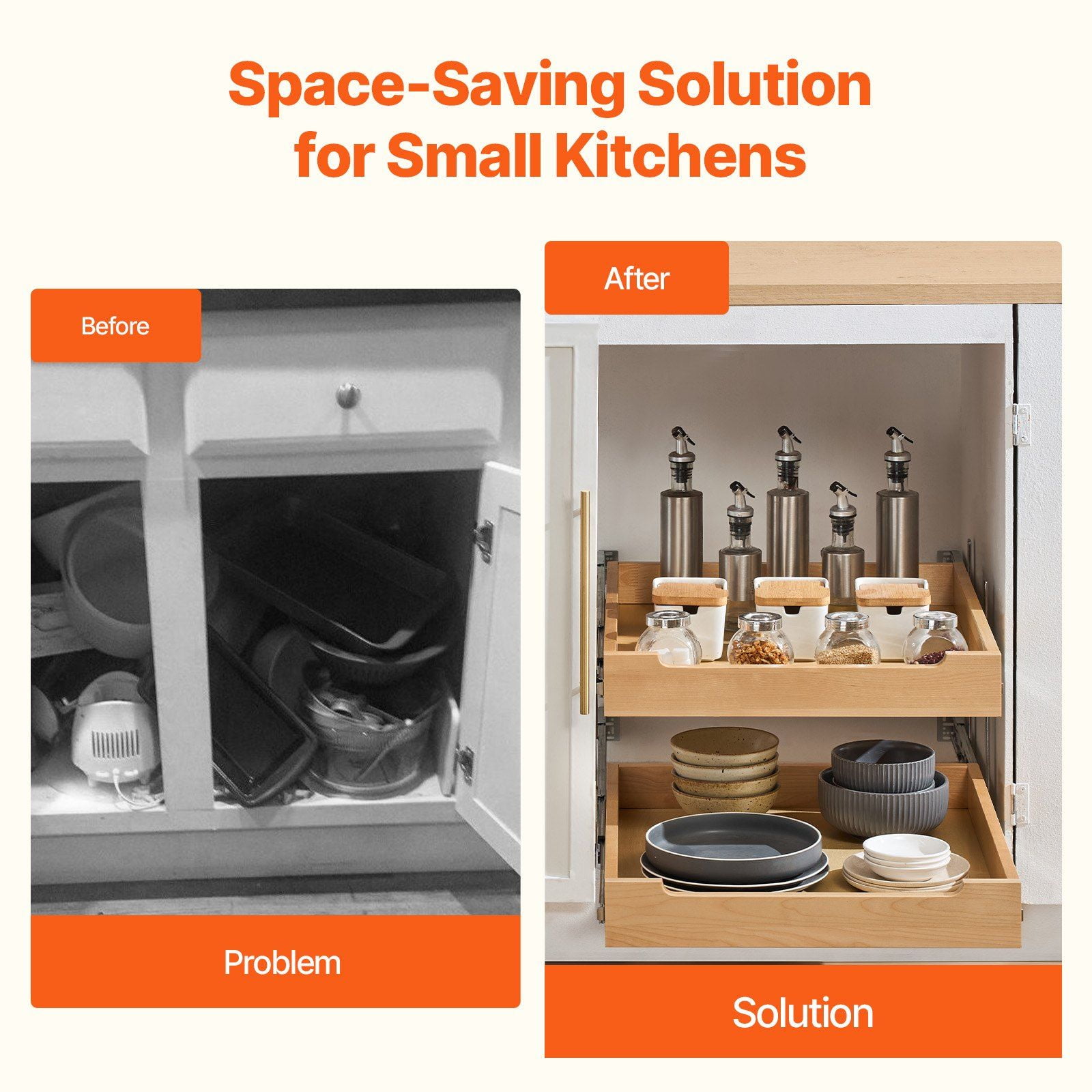 2 Tier Pull Out Cabinet Organizer with Soft Close Slides, Solid Birch Wood Drawer 20"W x 21"D, Adjustable Height Kitchen Storage Drawer for Base Cabinets, Under Sink & Pantry Organization