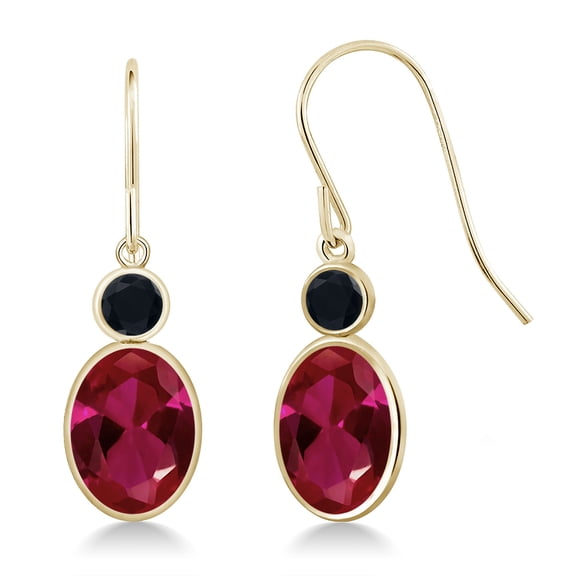 Gem Stone King 14K Yellow Gold Red Created Ruby and Black Onyx Hook French Fish Ear Wire Dangle Earrings for Women (2.90 Cttw, Gemstone July Birthstone, Oval 8X6MM, Round 3MM)