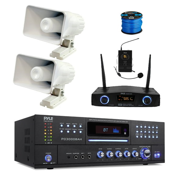 Enrock Home Theater 4-Channel 4000 Watt Bluetooth HDMI Stereo CD/DVD Amplifier Receiver, Wireless UHF Microphone System, 2x 8" 65 Watt Indoor/Outdoor Portable PA Horn Speakers w/Wire