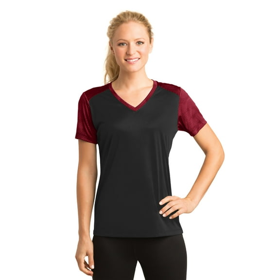 Sport-Tek Ladies CamoHex Colorblock V Neck Tee-XS (Black/ Deep Red)