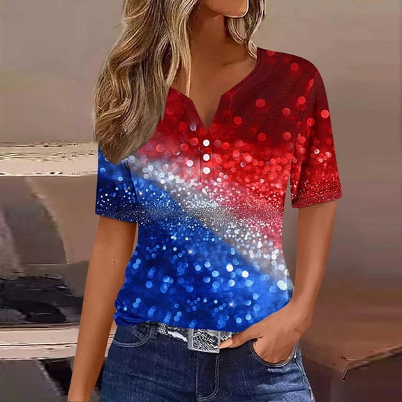 UVEASISHA Sequin Henley Shirts for Women Short Sleeve Patriotic Graphic Tees 4th of July Causal Party Tops Multicolor M