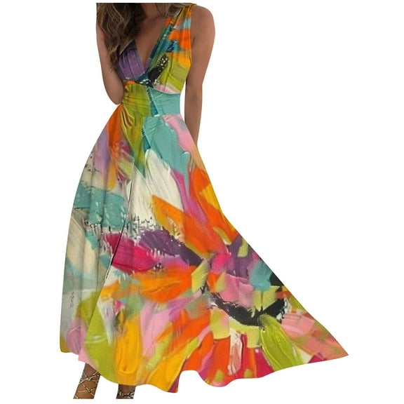 XUNKUSGA Women's Beach Sundresses Summer Sleeveless V Neck Plus Size Dress Floral Sundress Casual Crewneck High Waist A-Line Maxi Dresses