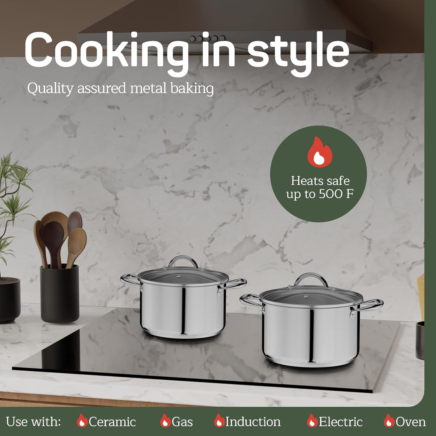 Emporio Kitchen Stainless Steel 5QT Stock Pot with Glass Lid – Durable 18/0 Steel, Even-Heat Base, Riveted Handles, Oven & Stove Compatible, 500°F