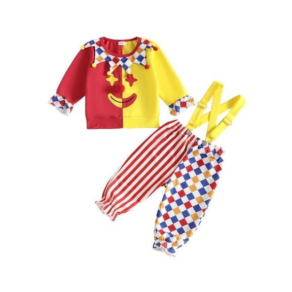 Cenuakty Toddler Halloween Clown Costume Stripes Colorful Plaid Sweatshirt Overalls