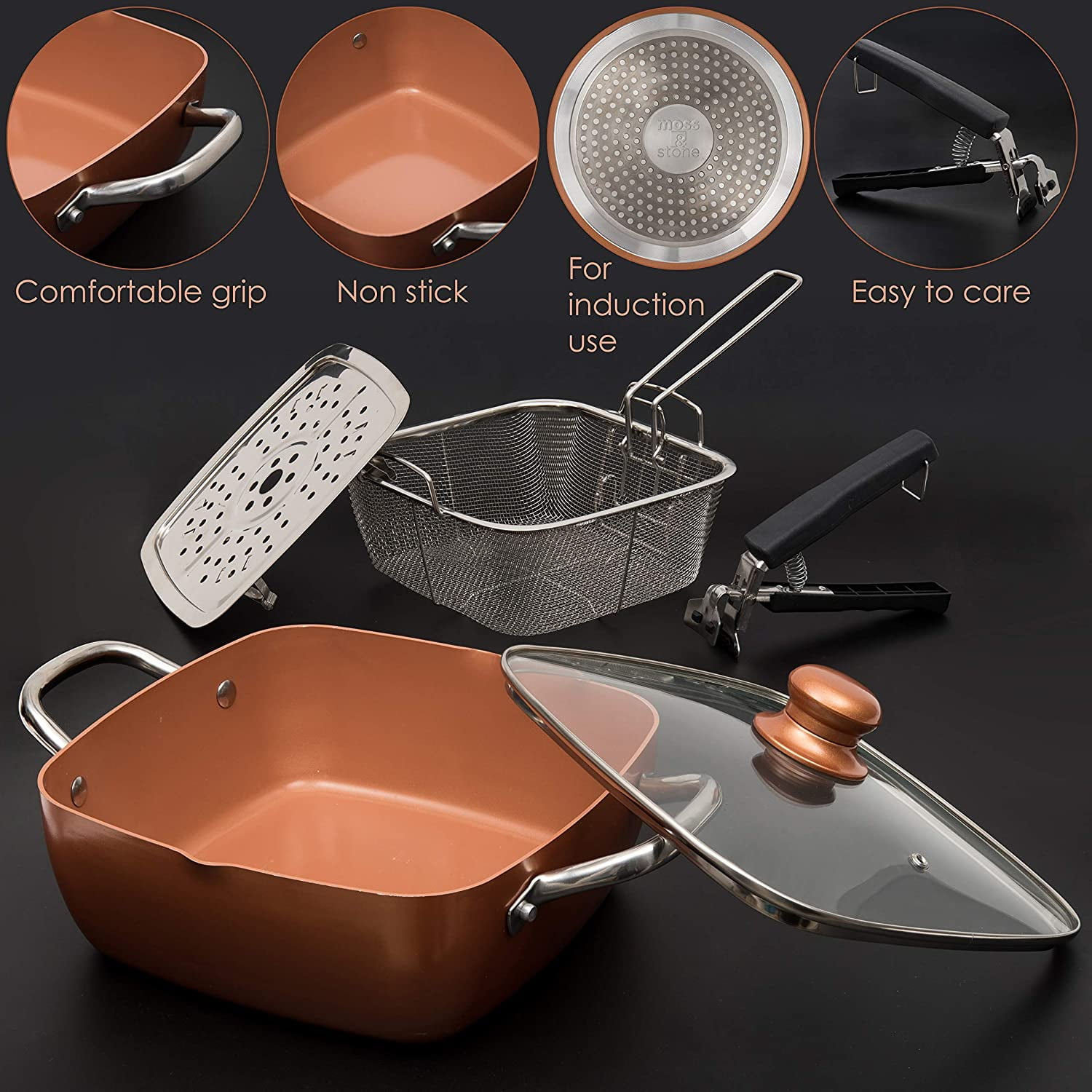 Moss & Stone Copper 6 Piece Set Chef Cookware, Non Stick Pan, Deep Square Pan, Fry Basket, Steamer Tray, Dishwasher & Oven Safe, 5 Quart Copper Pot Set, 9.5" Copper Induction Cookware Set