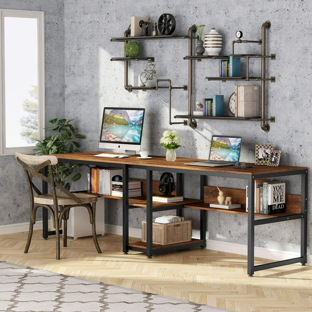 Tribesigns Two Person Desk With Bookshelf 787 Computer Office Double