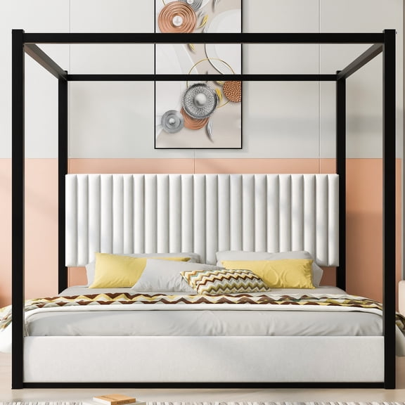 King Size Upholstery Canopy Platform Bed with Headboard and Metal Frame, White